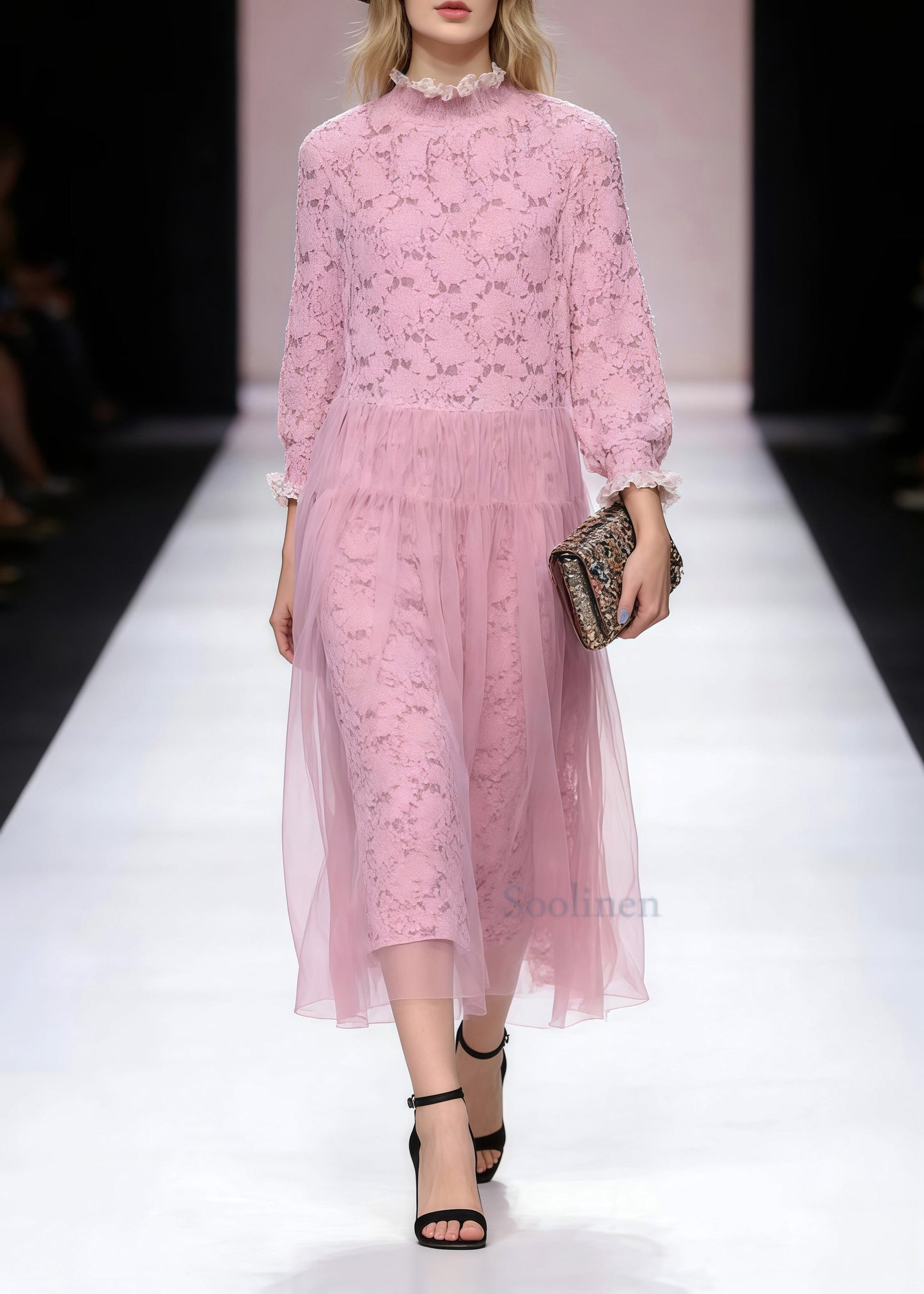 Women Pink Ruffled Patchwork Tulle Party Dress Spring