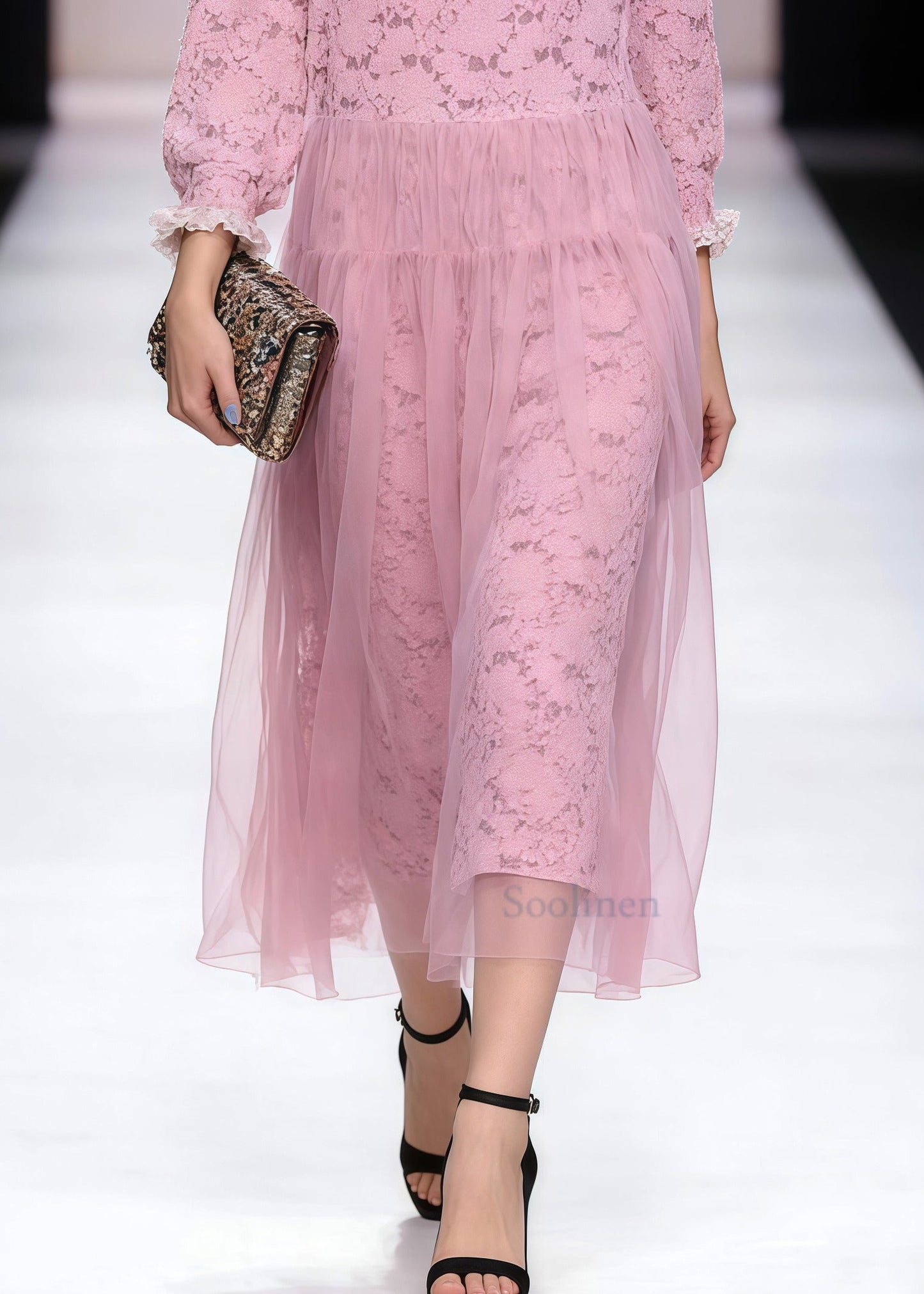 Women Pink Ruffled Patchwork Tulle Party Dress Spring
