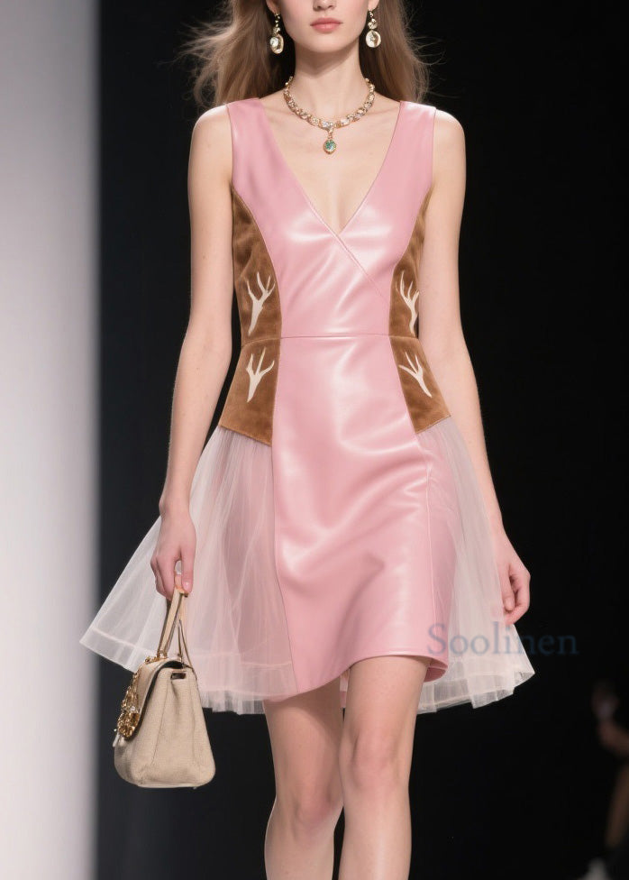 Women Pink V Neck Tulle Patchwork Faux Leather Dresses Summer