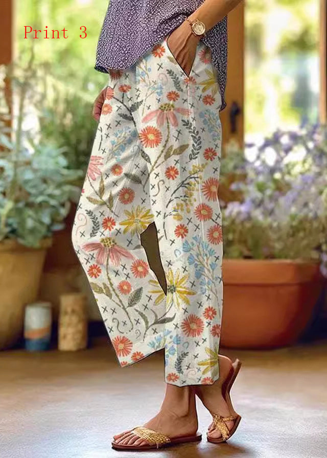 Women Pockets Print Drawstring High Waist Cotton Pants Summer
