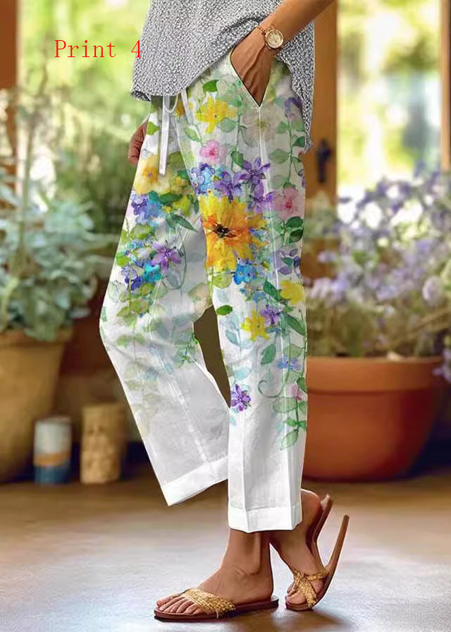 Women Pockets Print Drawstring High Waist Cotton Pants Summer