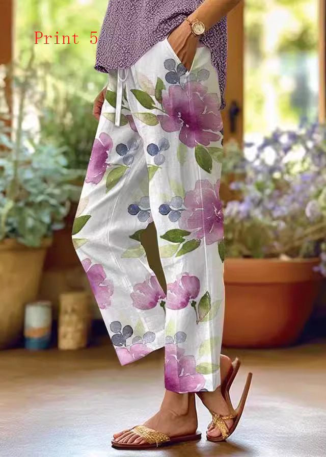 Women Pockets Print Drawstring High Waist Cotton Pants Summer
