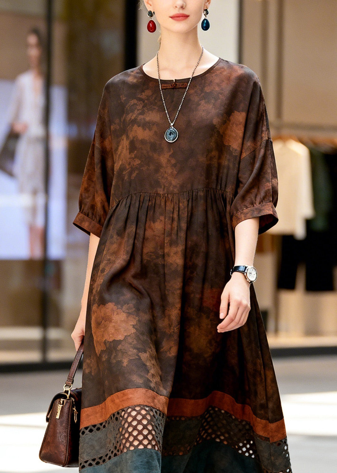 Women Print Hollow Out Patchwork Cotton Dress Summer