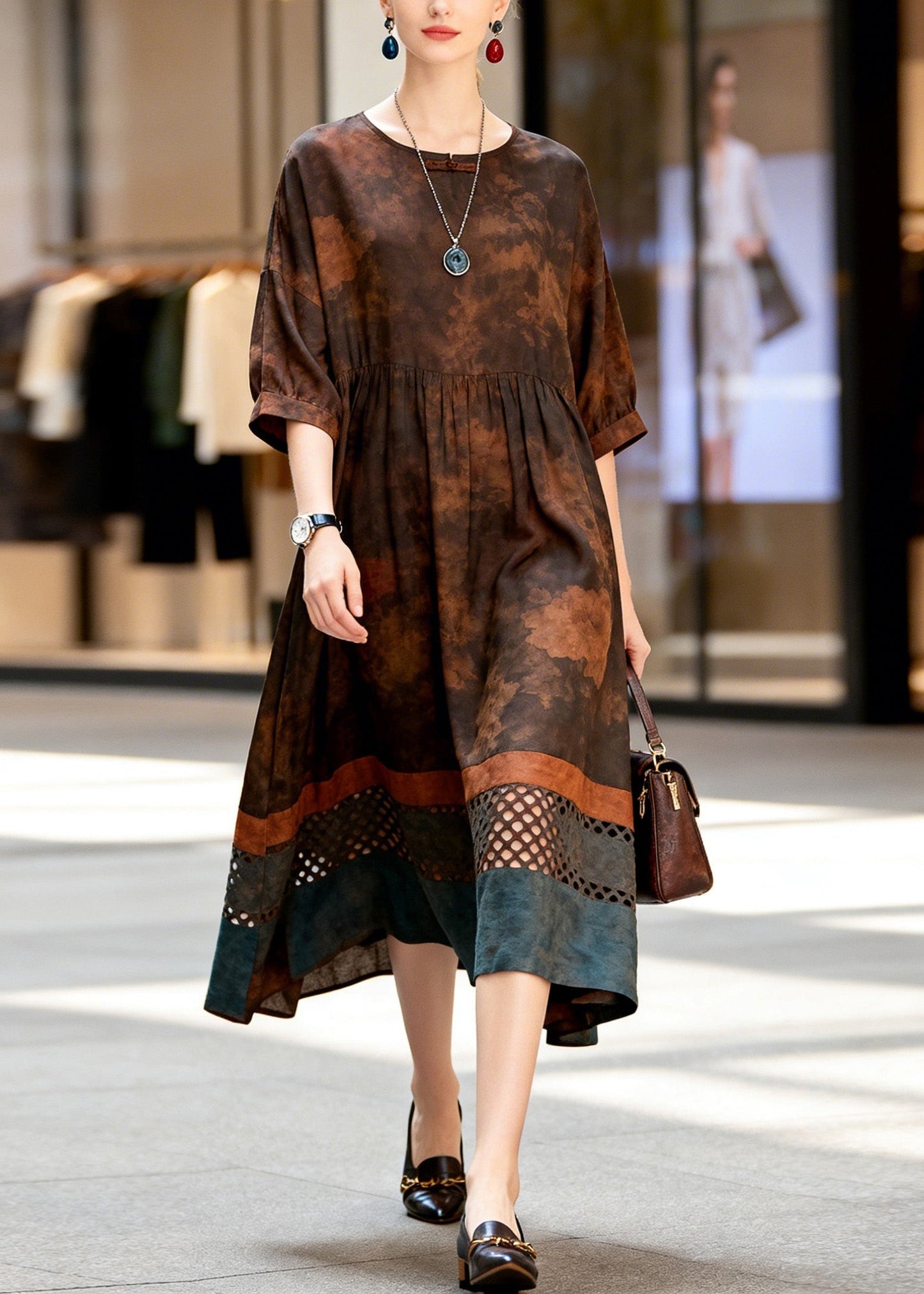 Women Print Hollow Out Patchwork Cotton Dress Summer