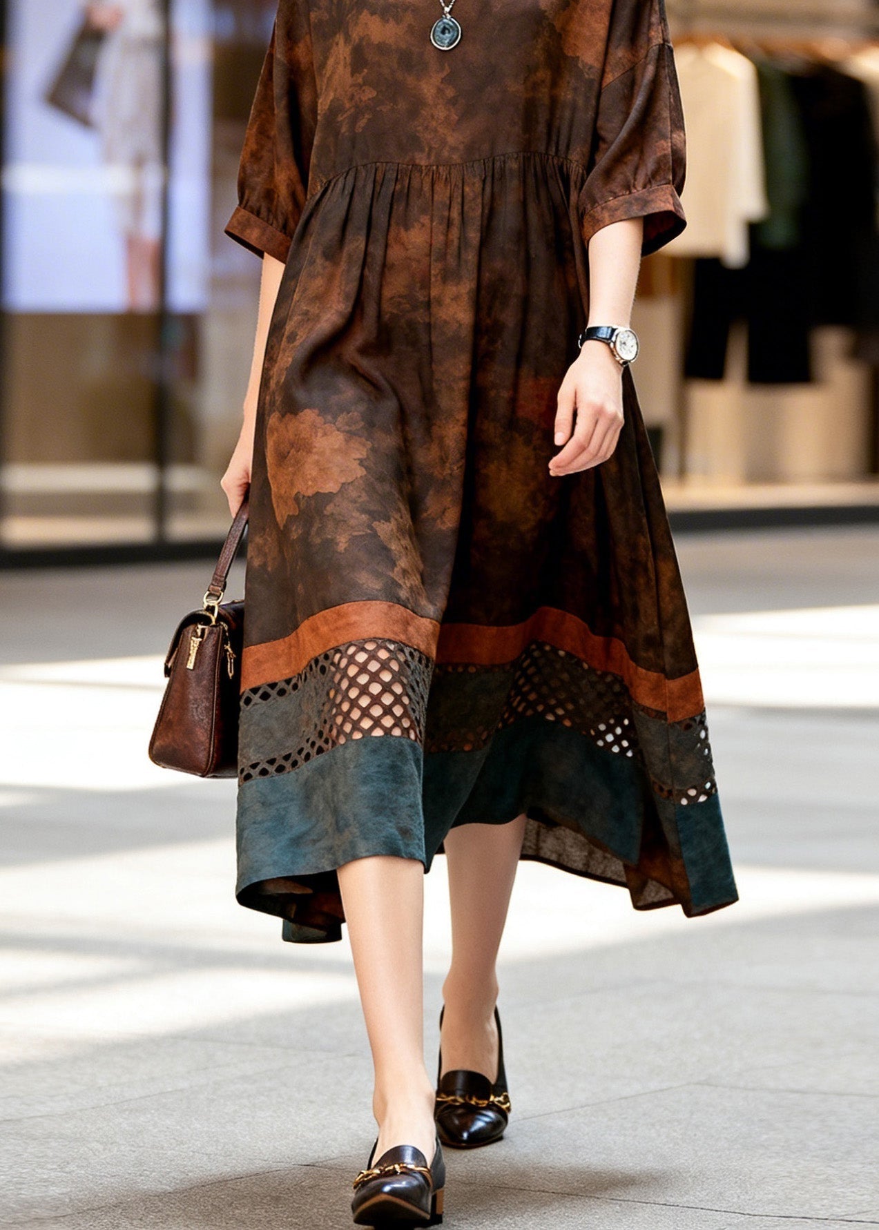 Women Print Hollow Out Patchwork Cotton Dress Summer