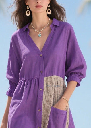Women Purple Asymmetrical Patchwork Cotton Dresses Summer