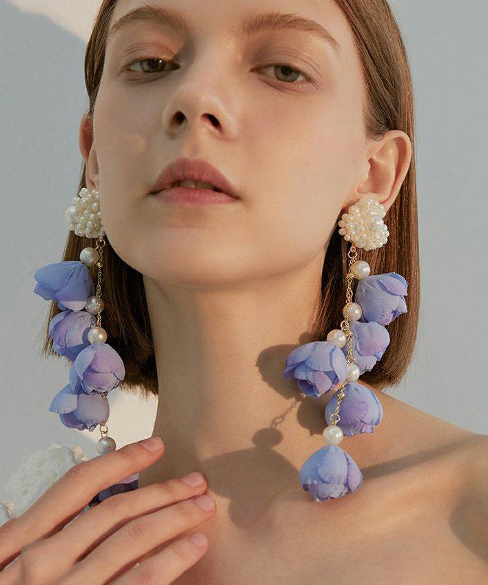 Women Purple Flower Tasseled Pearl Drop Earrings