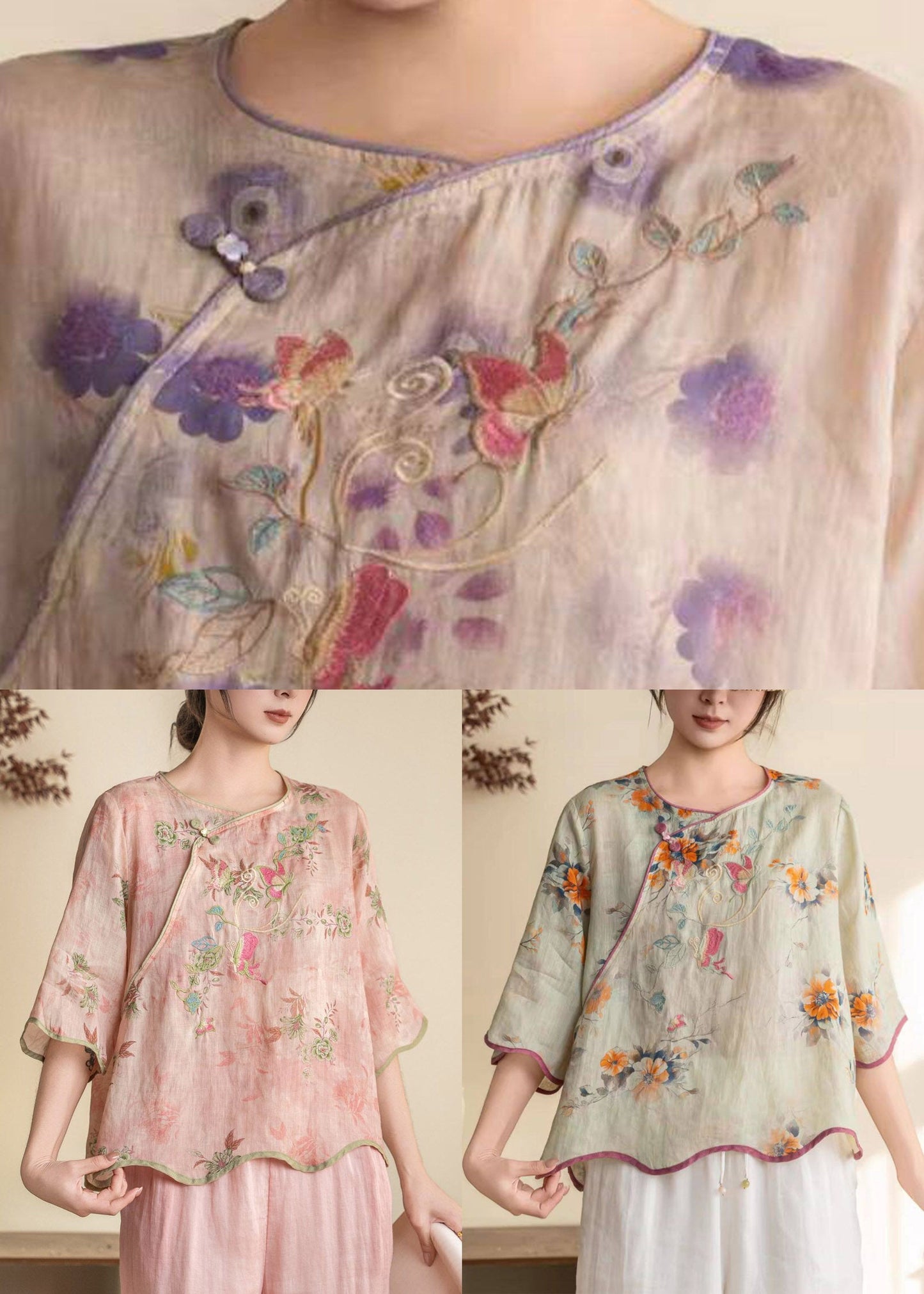 Women Purple Print Button Linen Shirt Summer