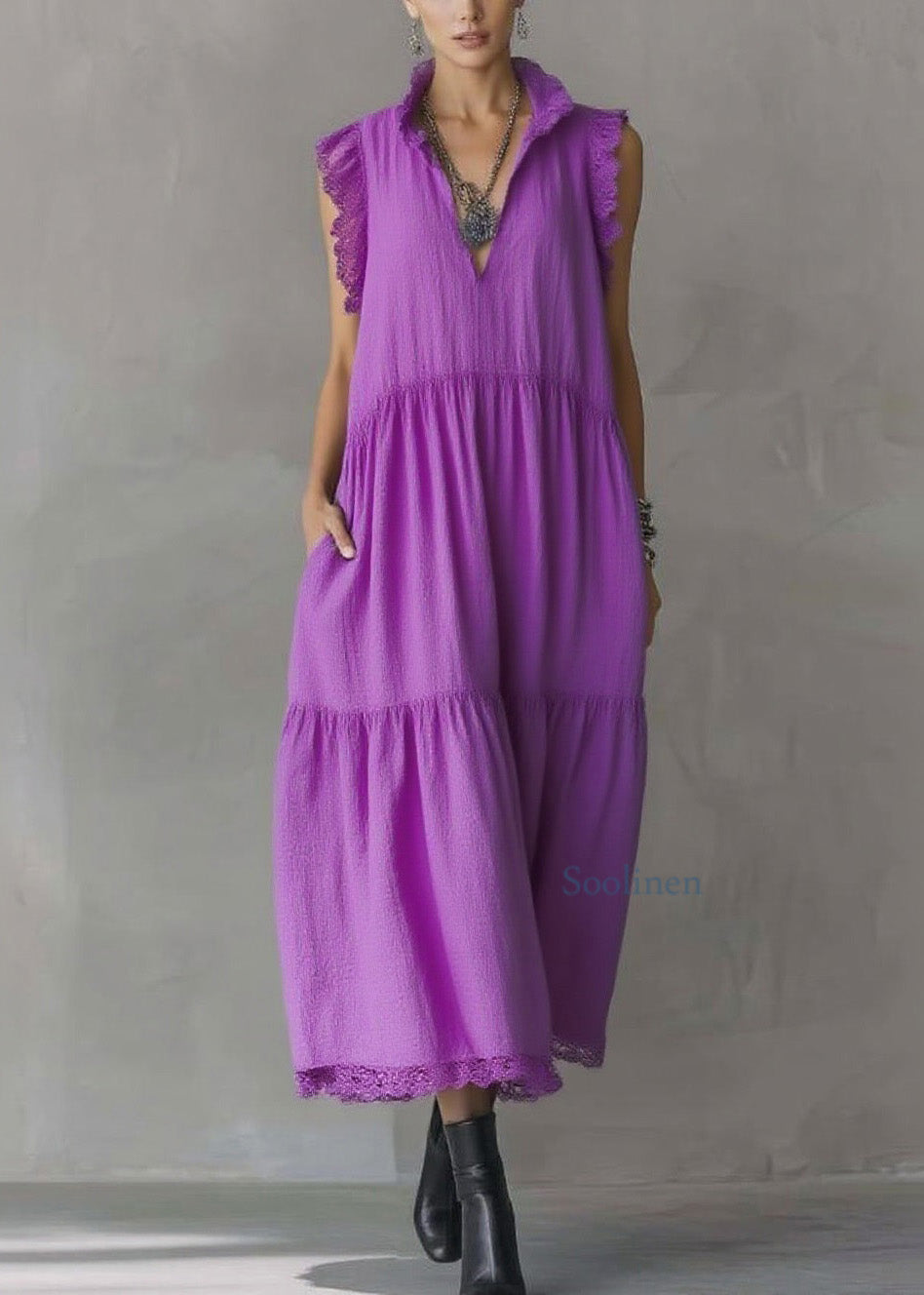 Women Purple Ruffled Lace Patchwork Cotton Dresses Sleeveless