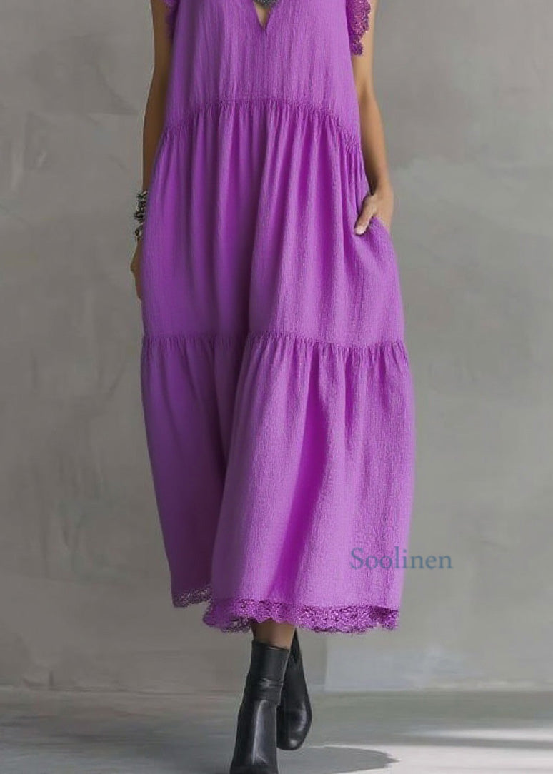 Women Purple Ruffled Lace Patchwork Cotton Dresses Sleeveless
