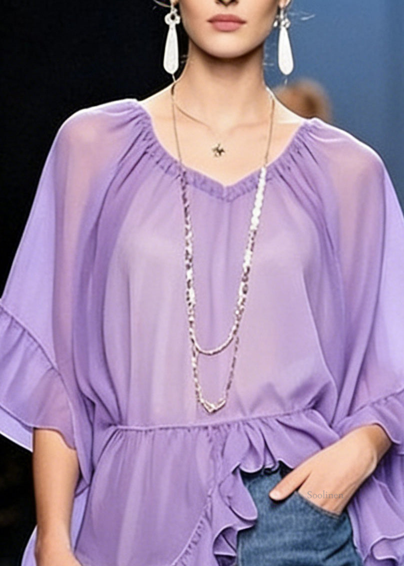 Women Purple Ruffled Solid Chiffon Shirt V Neck Half Sleeve