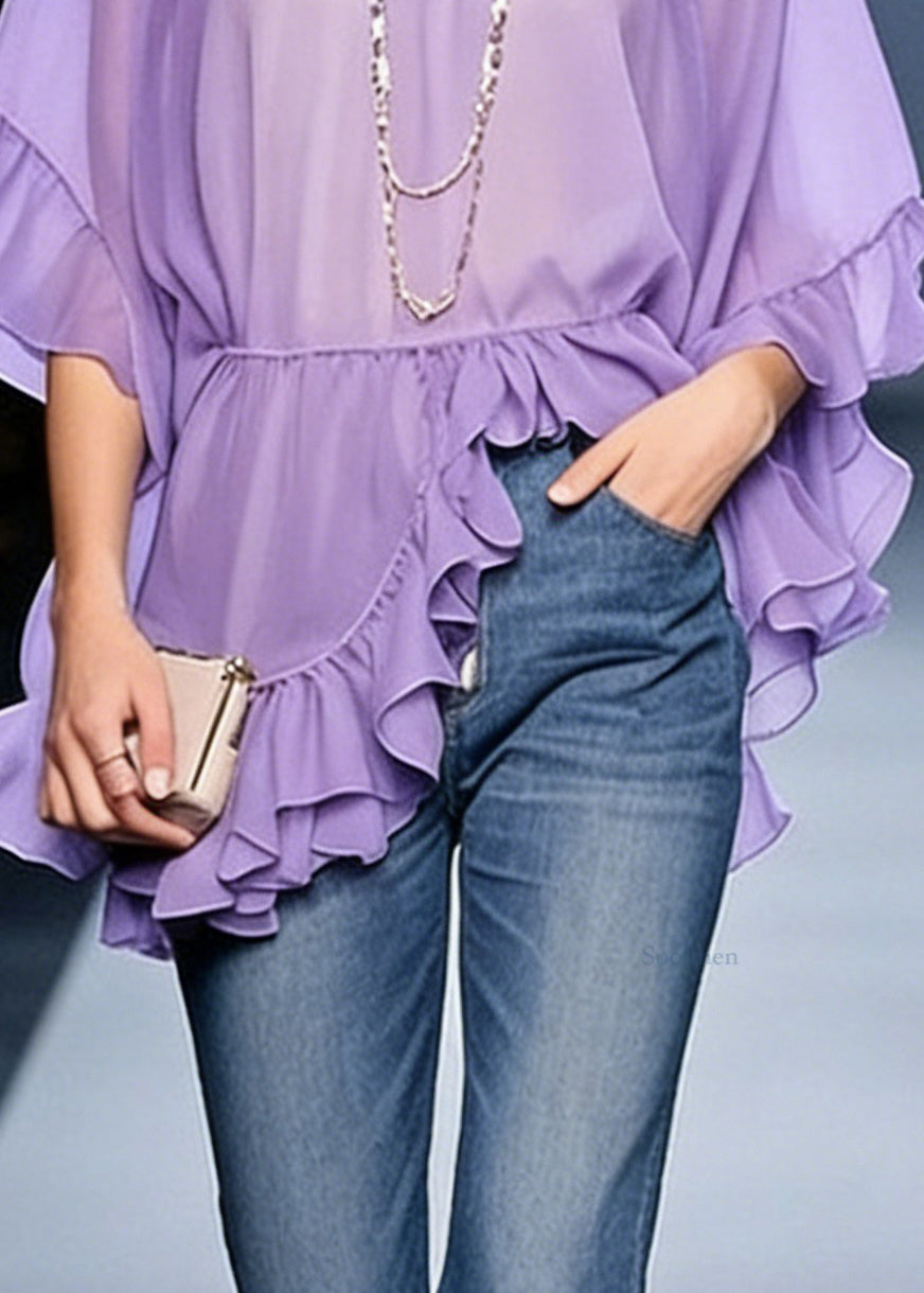 Women Purple Ruffled Solid Chiffon Shirt V Neck Half Sleeve