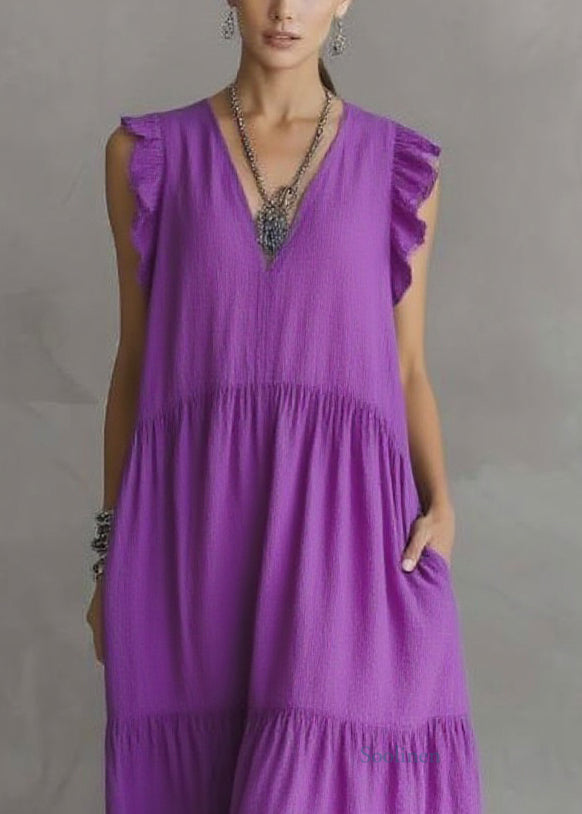 Women Purple V Neck Patchwork Party Solid Maxi Dress Butterfl Sleeve