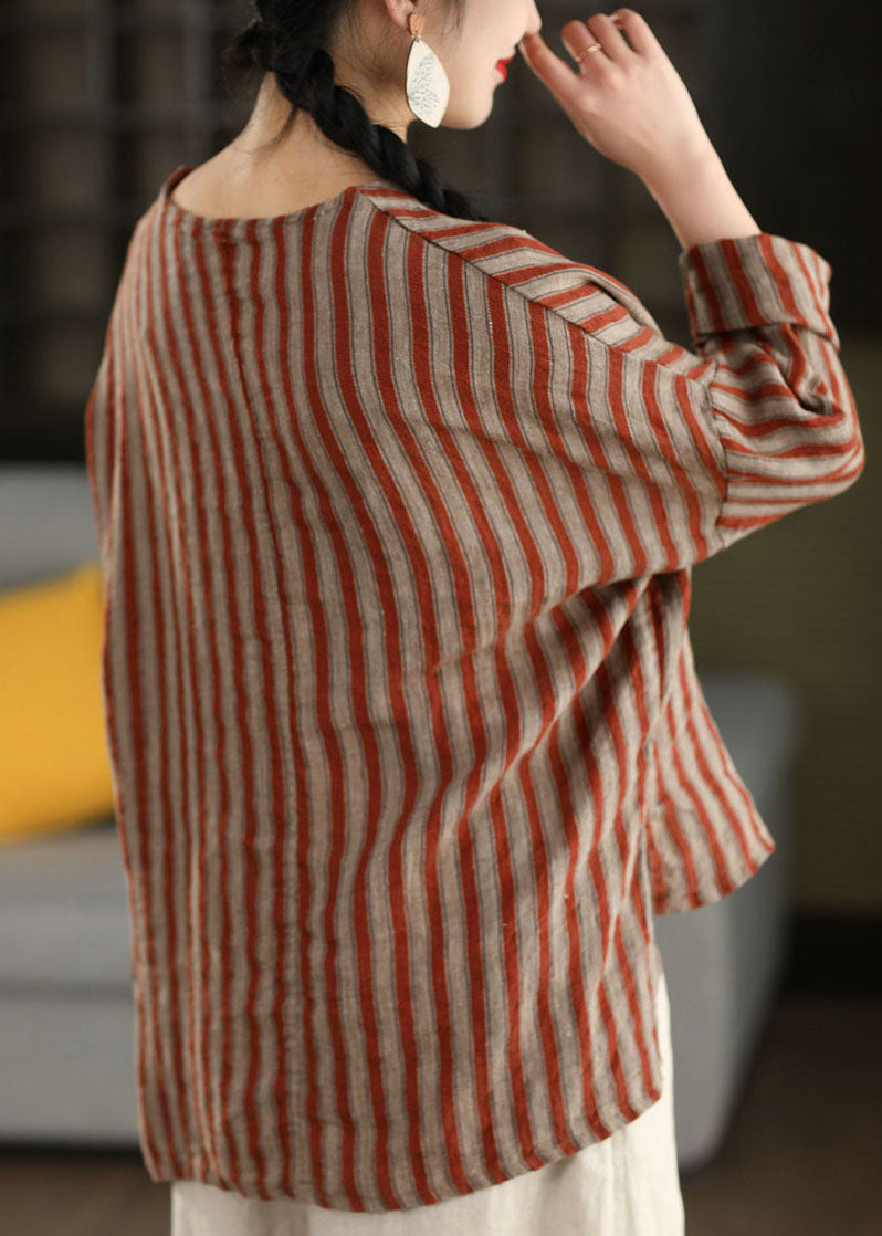 Women Red O Neck Striped Loose Linen Top Long Sleeve