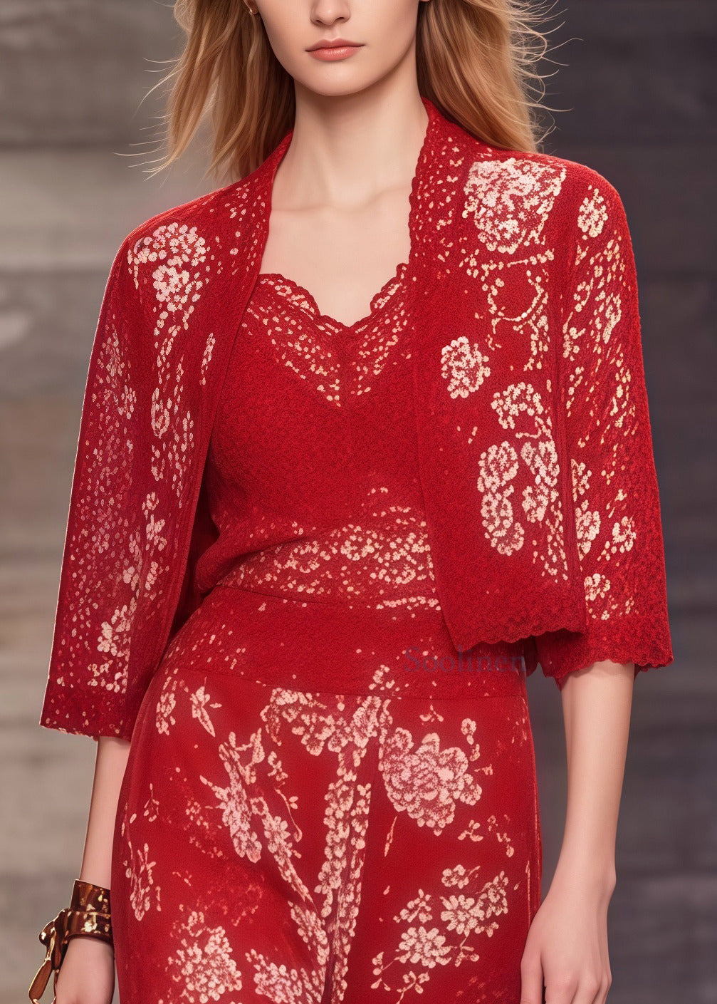 Women Red Print Lace Patchwork Spandex Two-Piece Set Summer