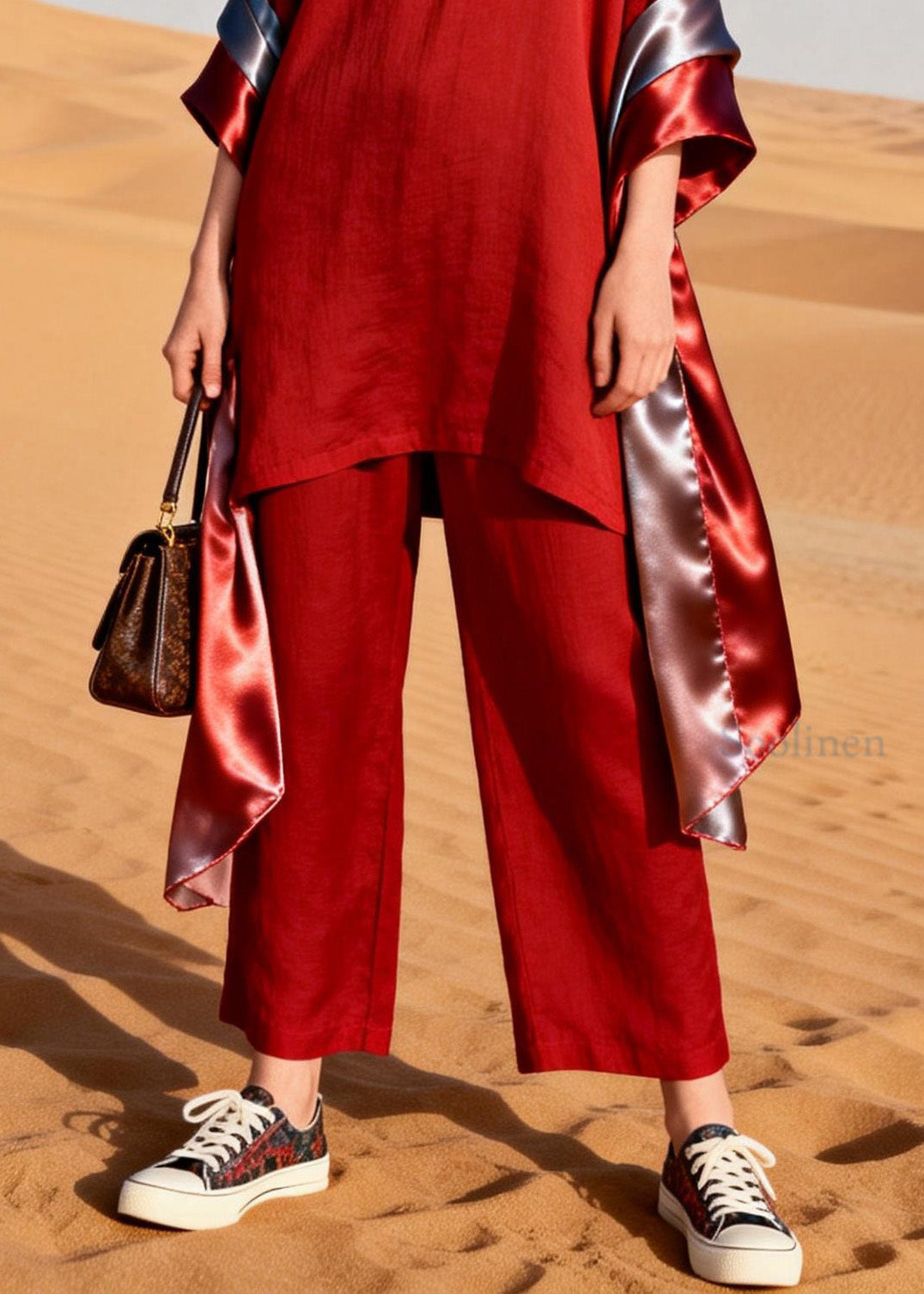 Women Red V Neck Patchwork Linen Silk Two Pieces Set Summer