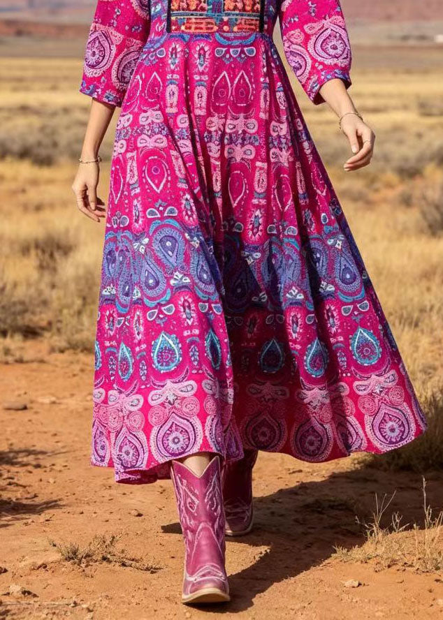 Women Rose Square Collar Print Cotton Long Dresses Summer