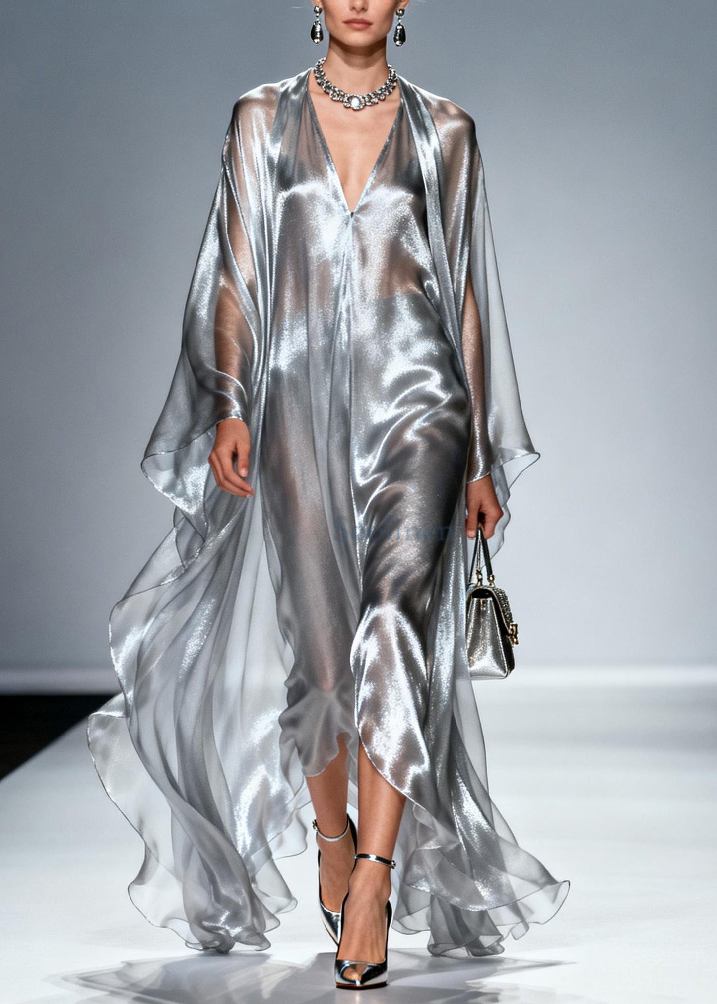 Women Silvery Oversized Draping Chiffon Maxi Dresses Summer