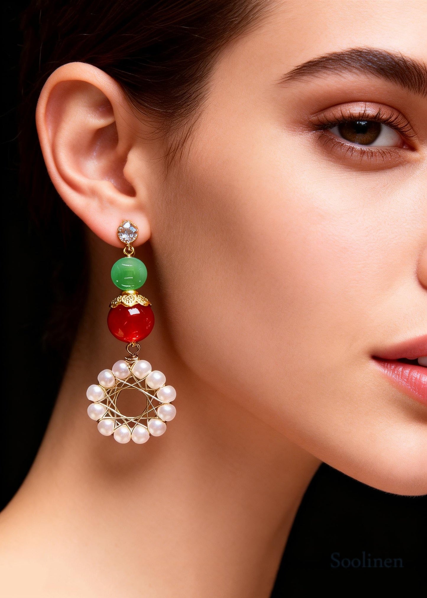 Women Sunflower Pearl Long Drop Earrings