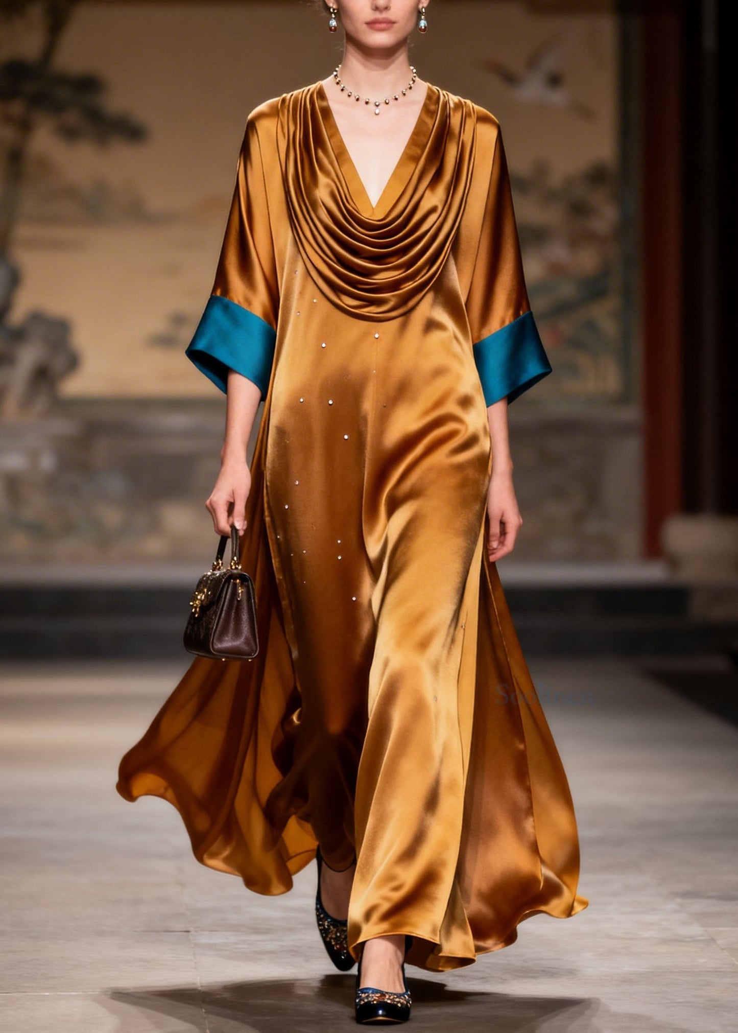 Women Turtle Neck Patchwork Silk Long Dress Summer