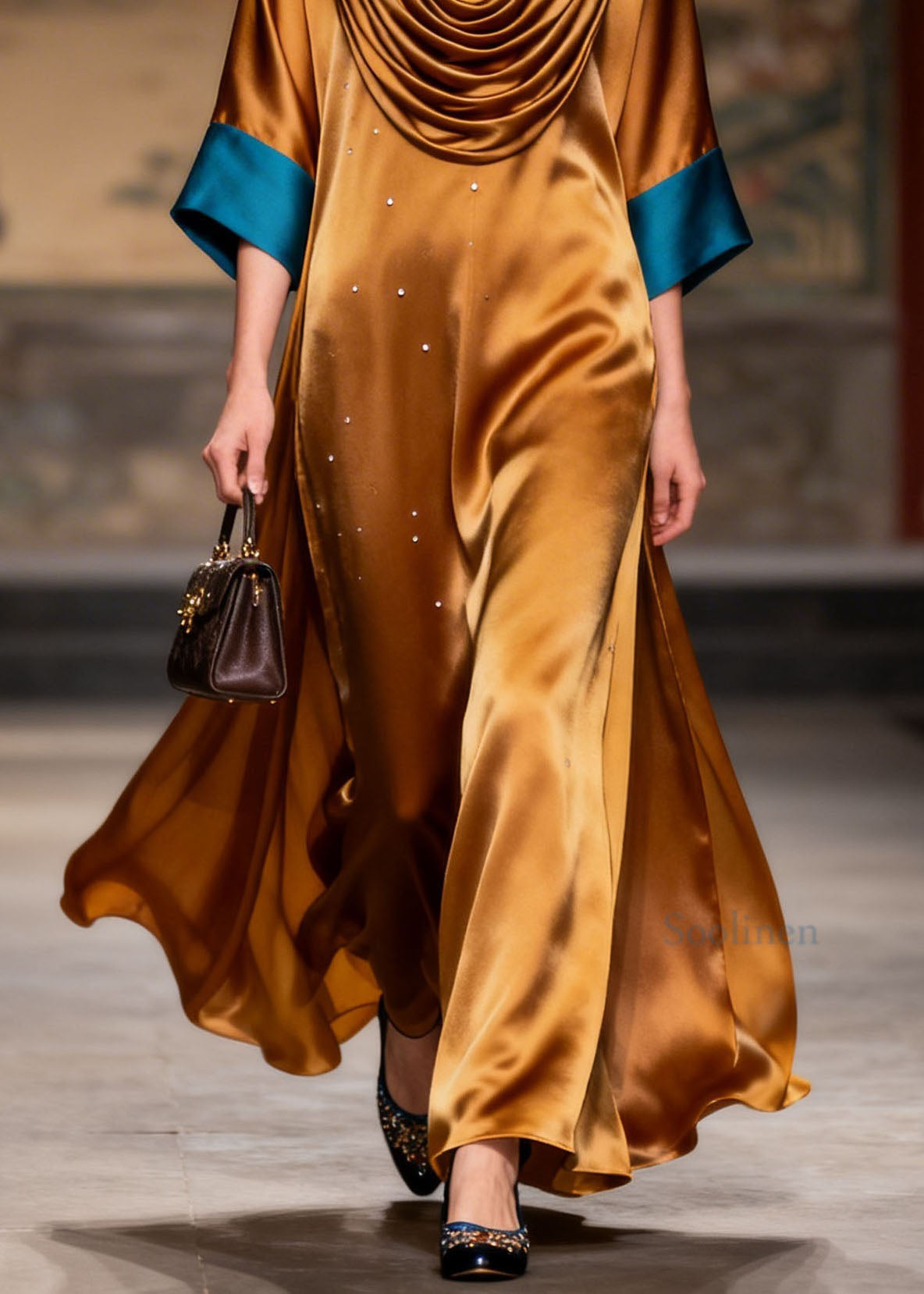 Women Turtle Neck Patchwork Silk Long Dress Summer