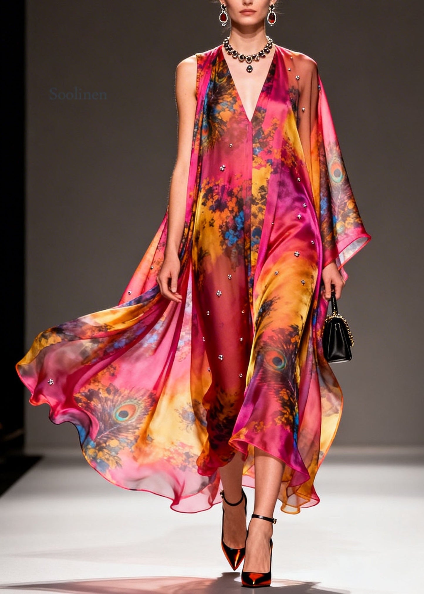 Women V Neck Asymmetrical Design Print Chiffon Dress Summer