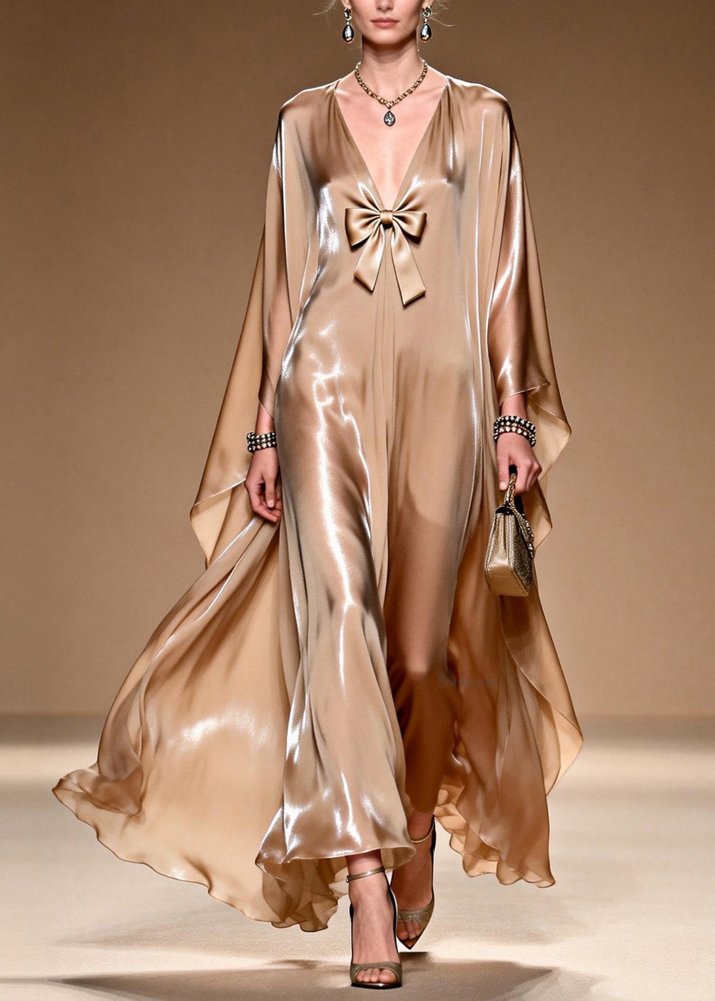 Women V Neck Bow Patchwork Silk Maxi Dresses Spring