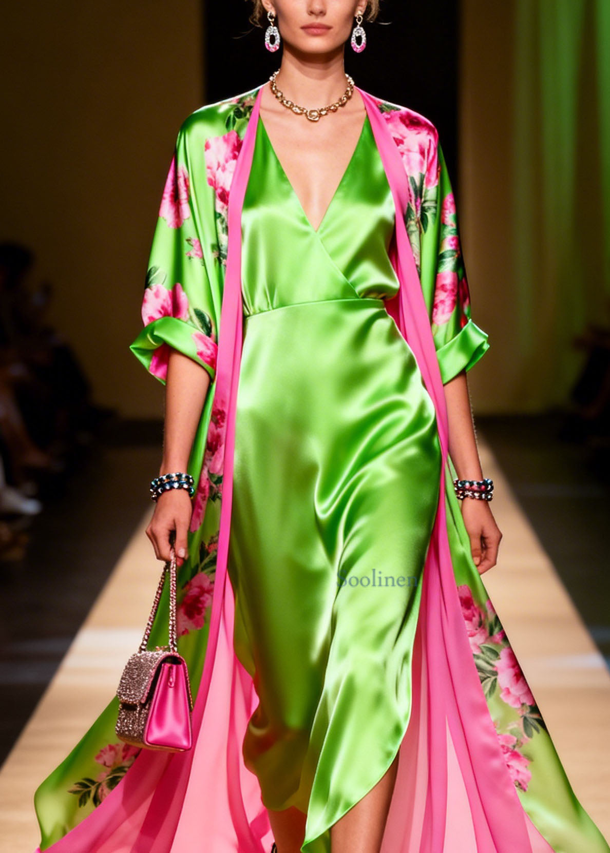 Women V Neck Print Cardigans Dress Chiffon Two Piece Suit Set Summer