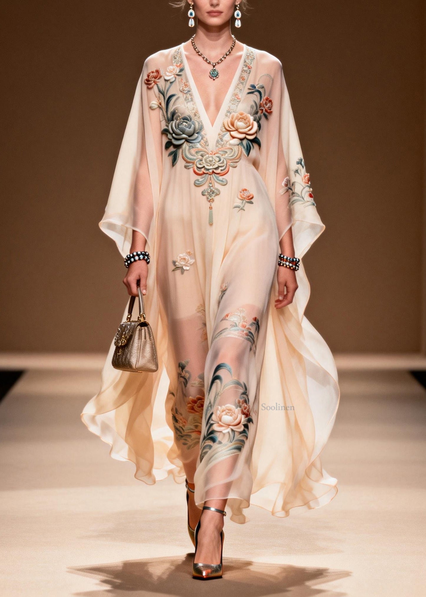 Women V Neck Print Chiffon Long Dress Spring