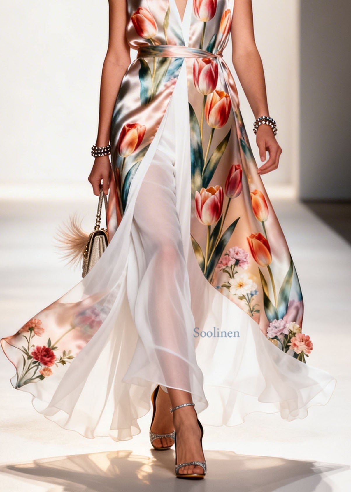 Women V Neck Print Patchwork False Two Pieces Chiffon Dress Summer