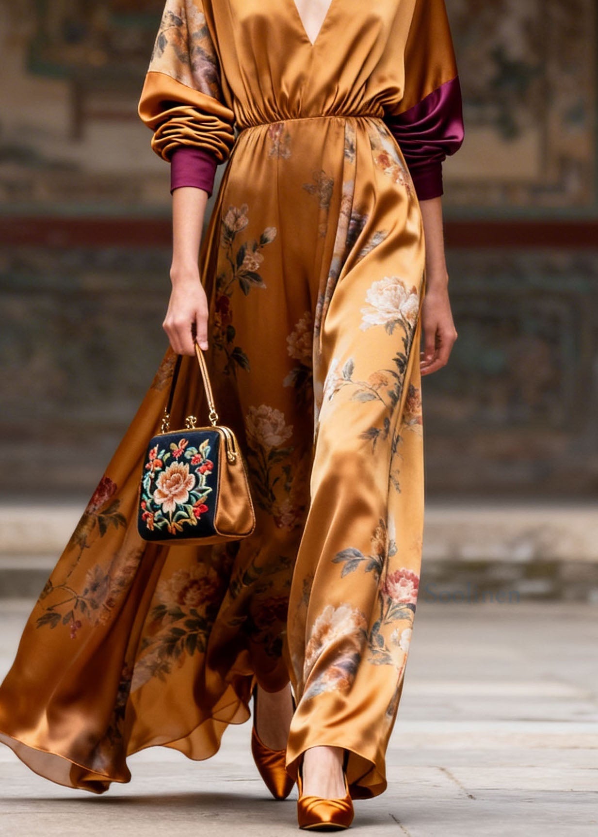 Women V Neck Print Patchwork Silk Maxi Dresses Summer