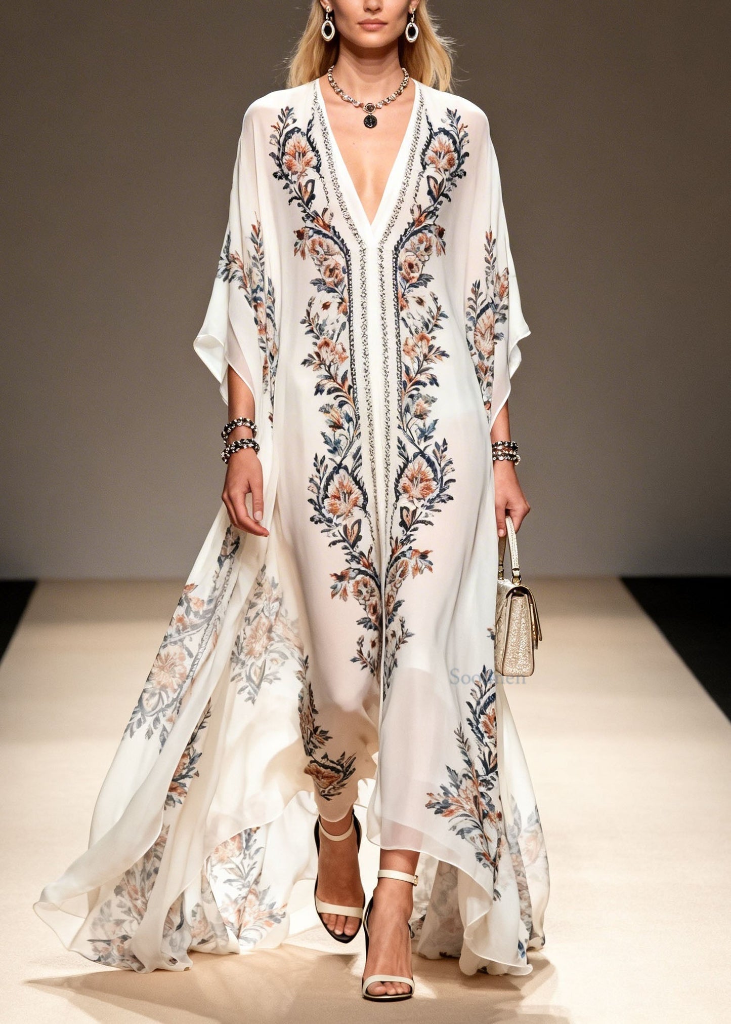 Women V Neck Print Plus Size Chiffon Dress Summer