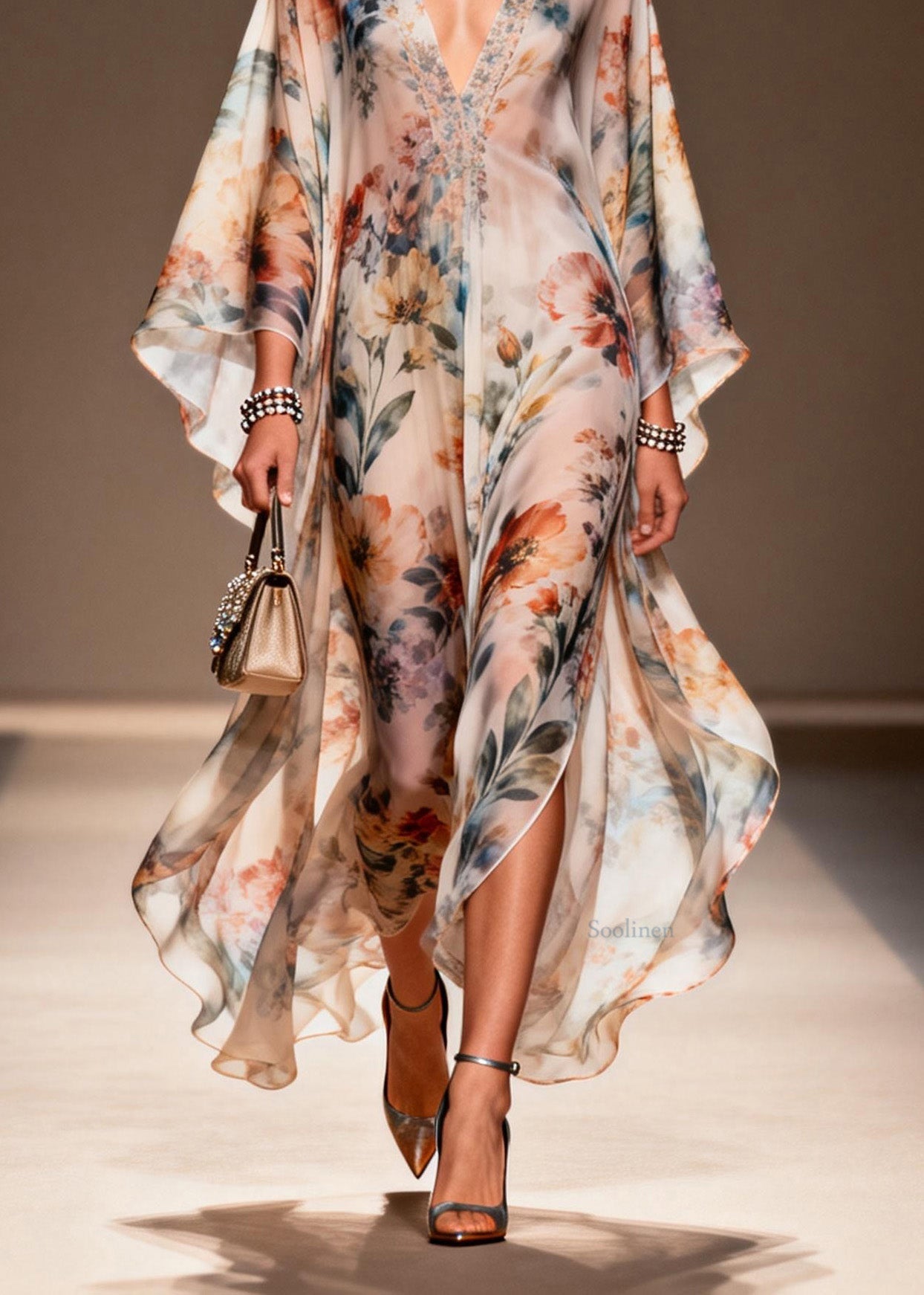 Women V Neck Print Side Open Chiffon Dress Spring