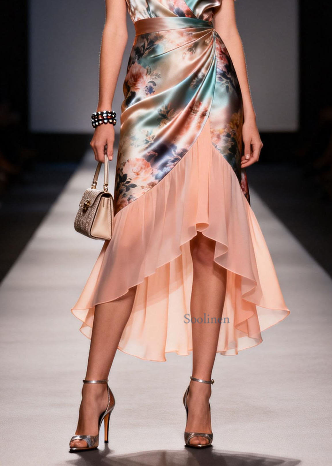 Women V Neck Ruffled Print Patchwork Silk Dresses Summer