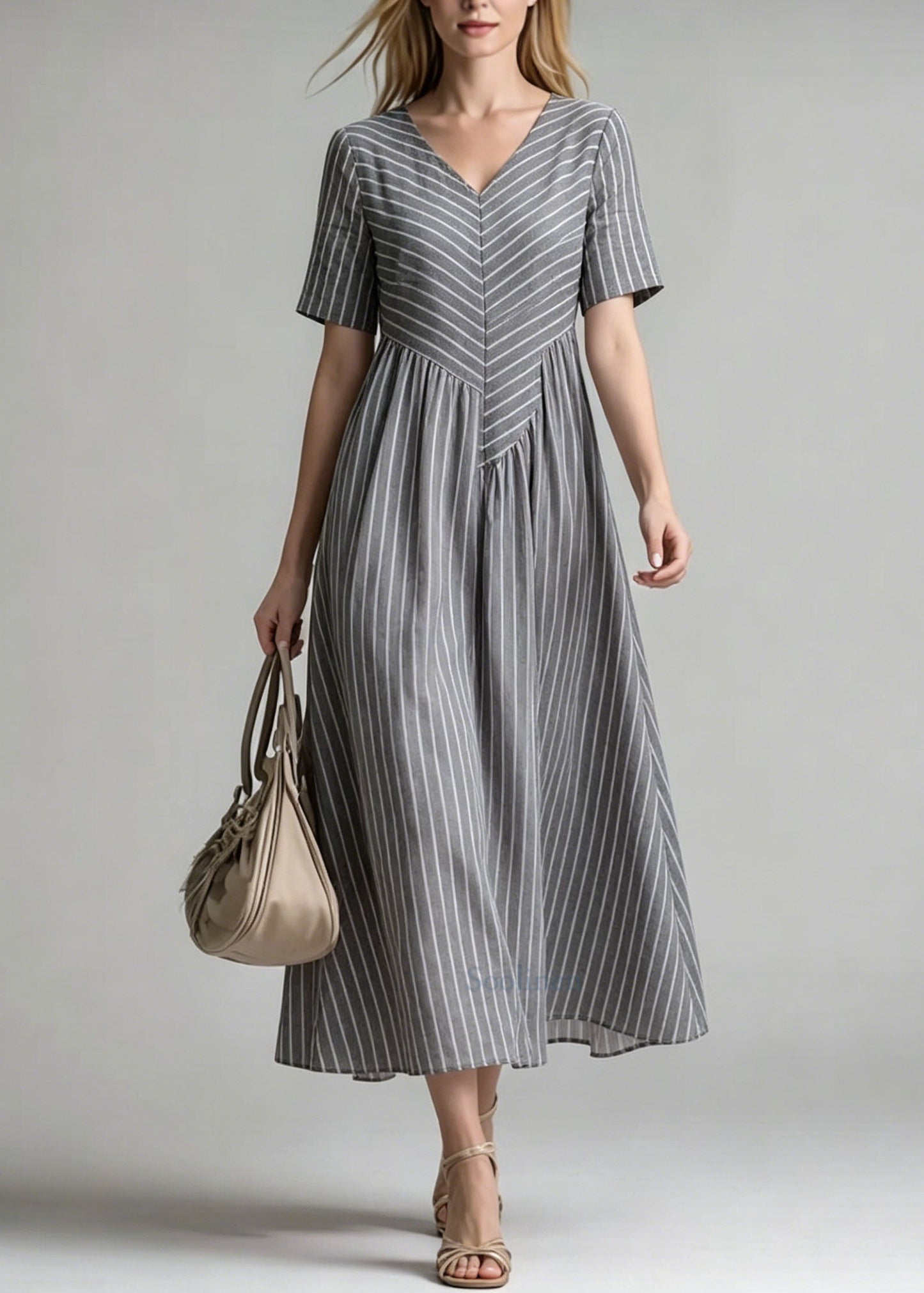 Women V Neck Striped Patchwork Cotton Dress Summer