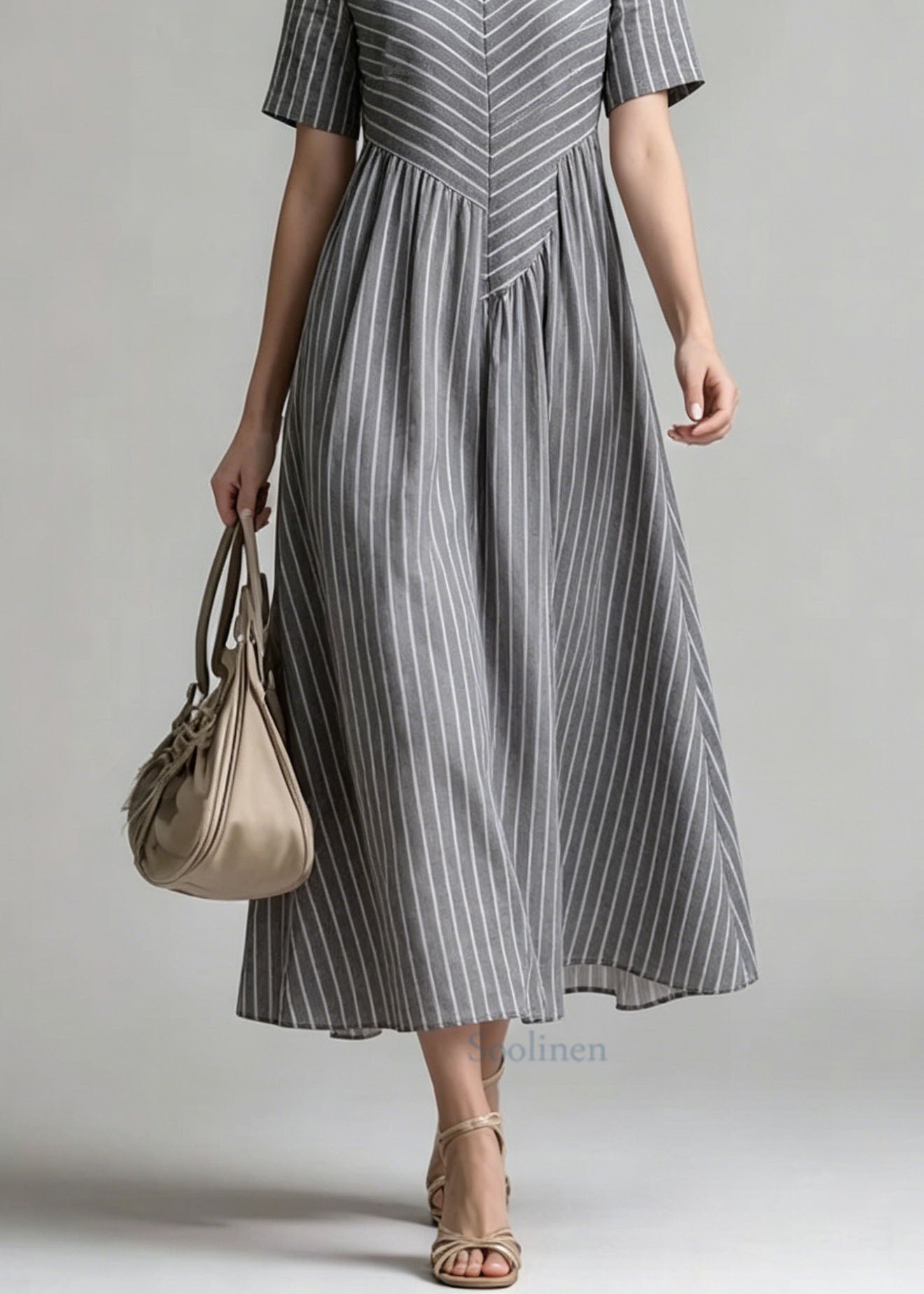 Women V Neck Striped Patchwork Cotton Dress Summer