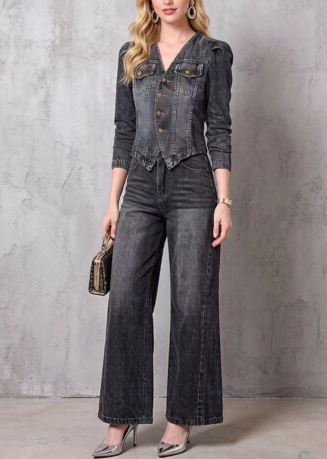 Women V Neck Top And Pants Denim Two Pieces Set Spring