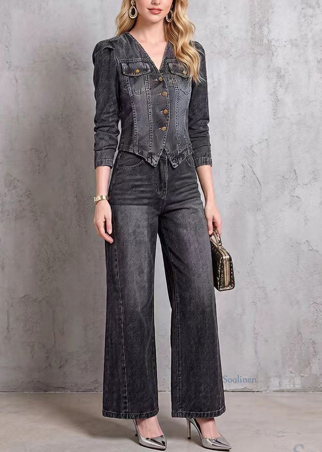 Women V Neck Top And Pants Denim Two Pieces Set Spring