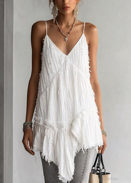 Women White Asymmetrical Ruffled Cotton Spaghetti Strap Tank Sleeveless