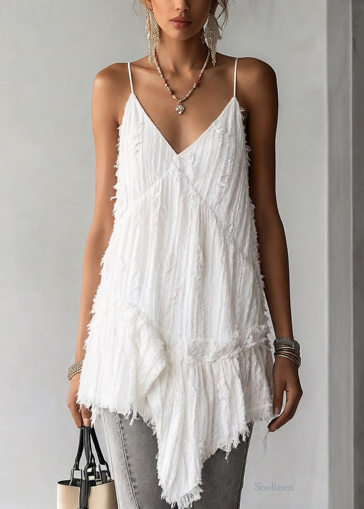 Women White Asymmetrical Ruffled Cotton Spaghetti Strap Tank Sleeveless