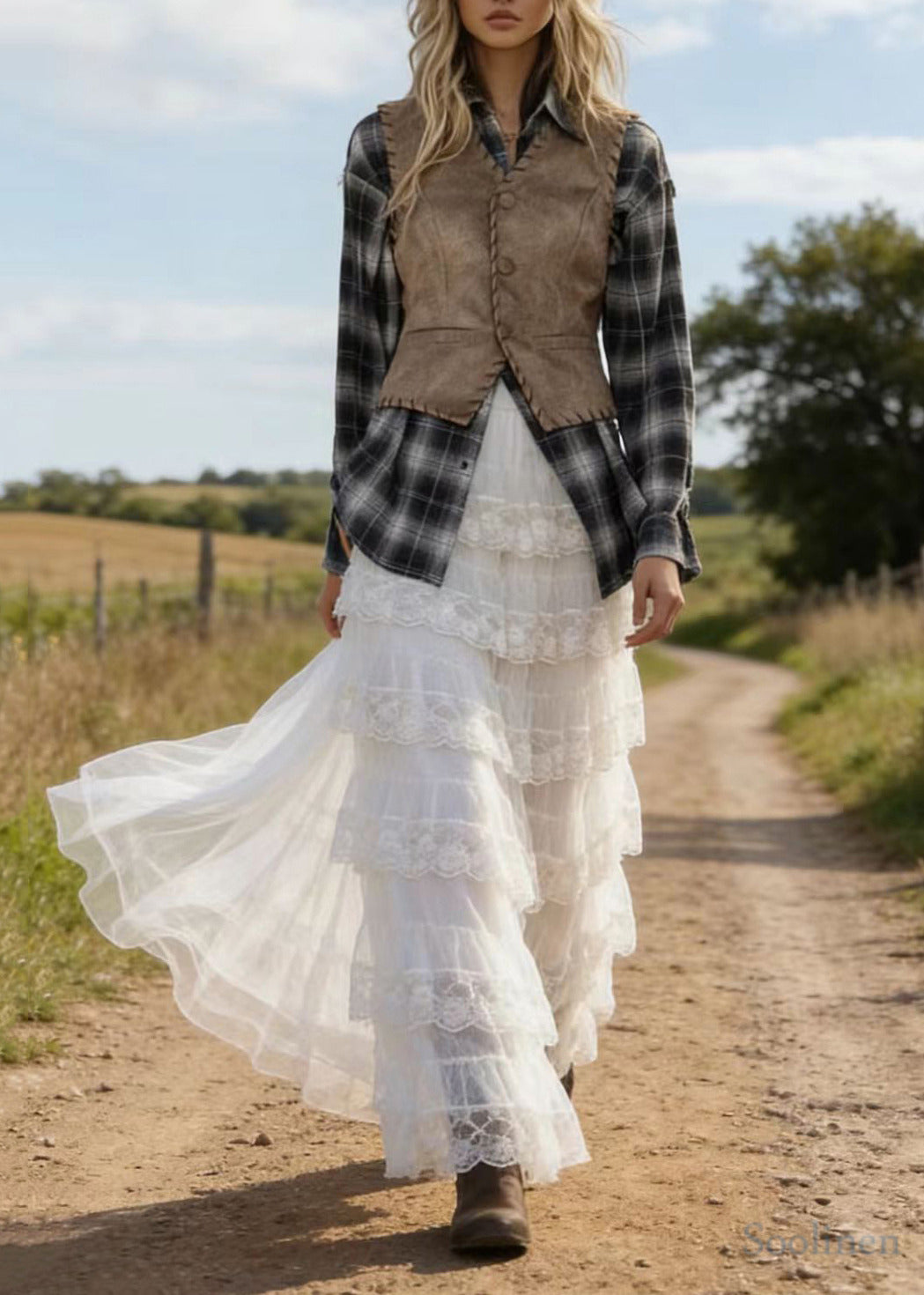 Women White Elastic Waist Patchwork Lace A Line Skirt Spring