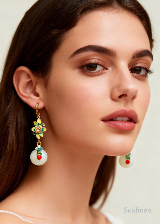 Women White Jade Paitings Flower Metal Drop Earrings