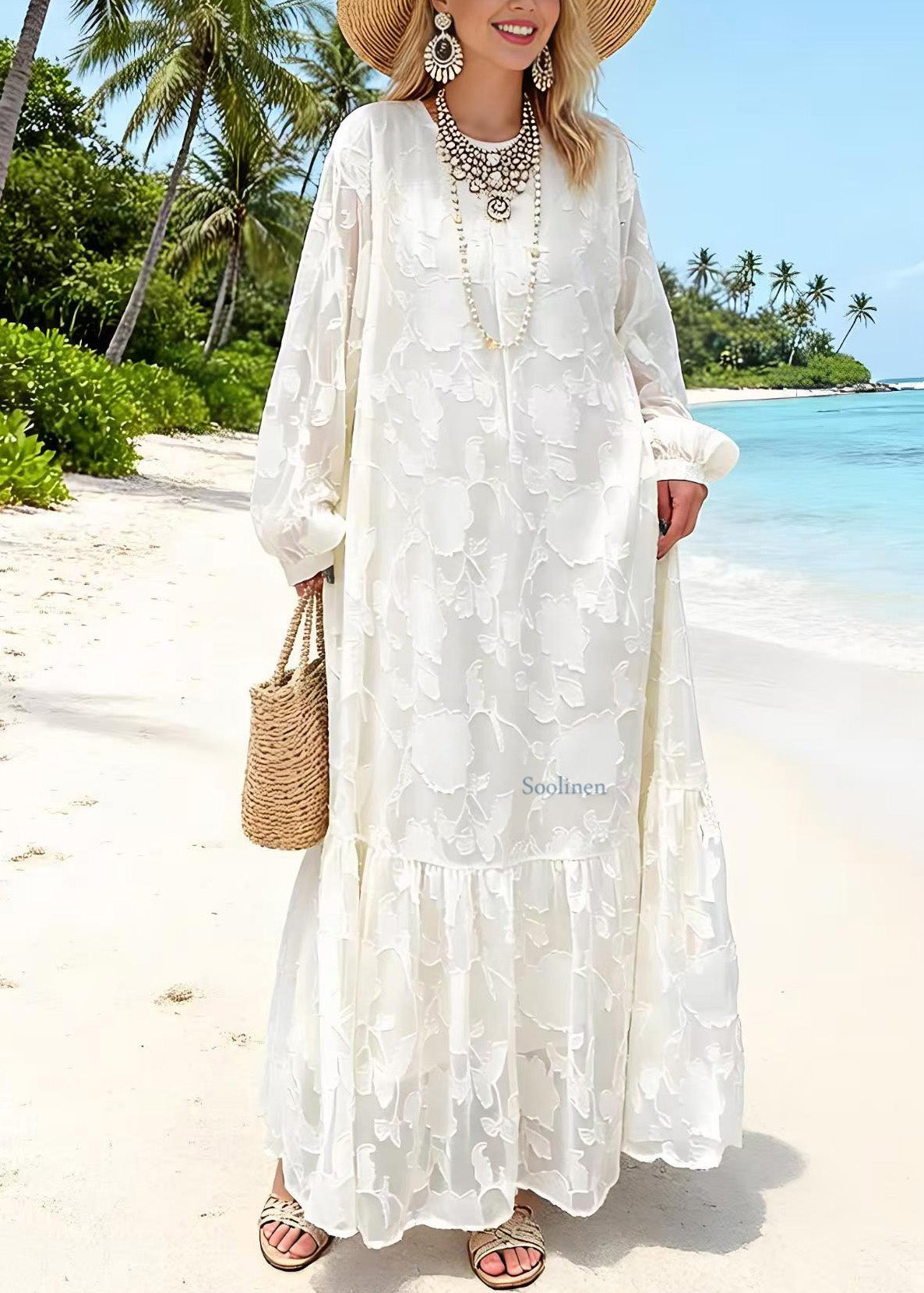 Women White O Neck Embroidered Lace Dresses Spring