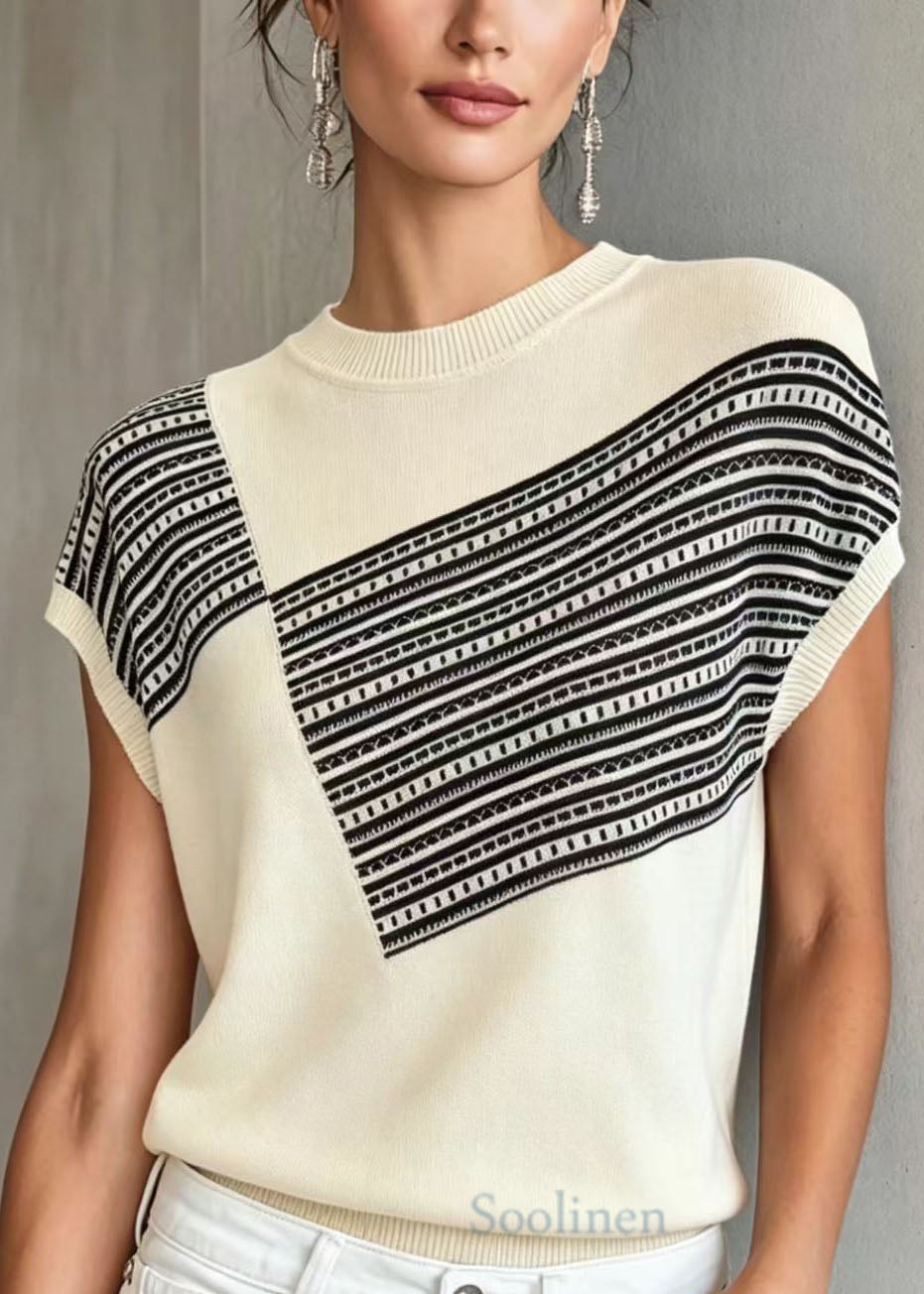 Women White O Neck Print Thin Knit Blouse Tops Summer