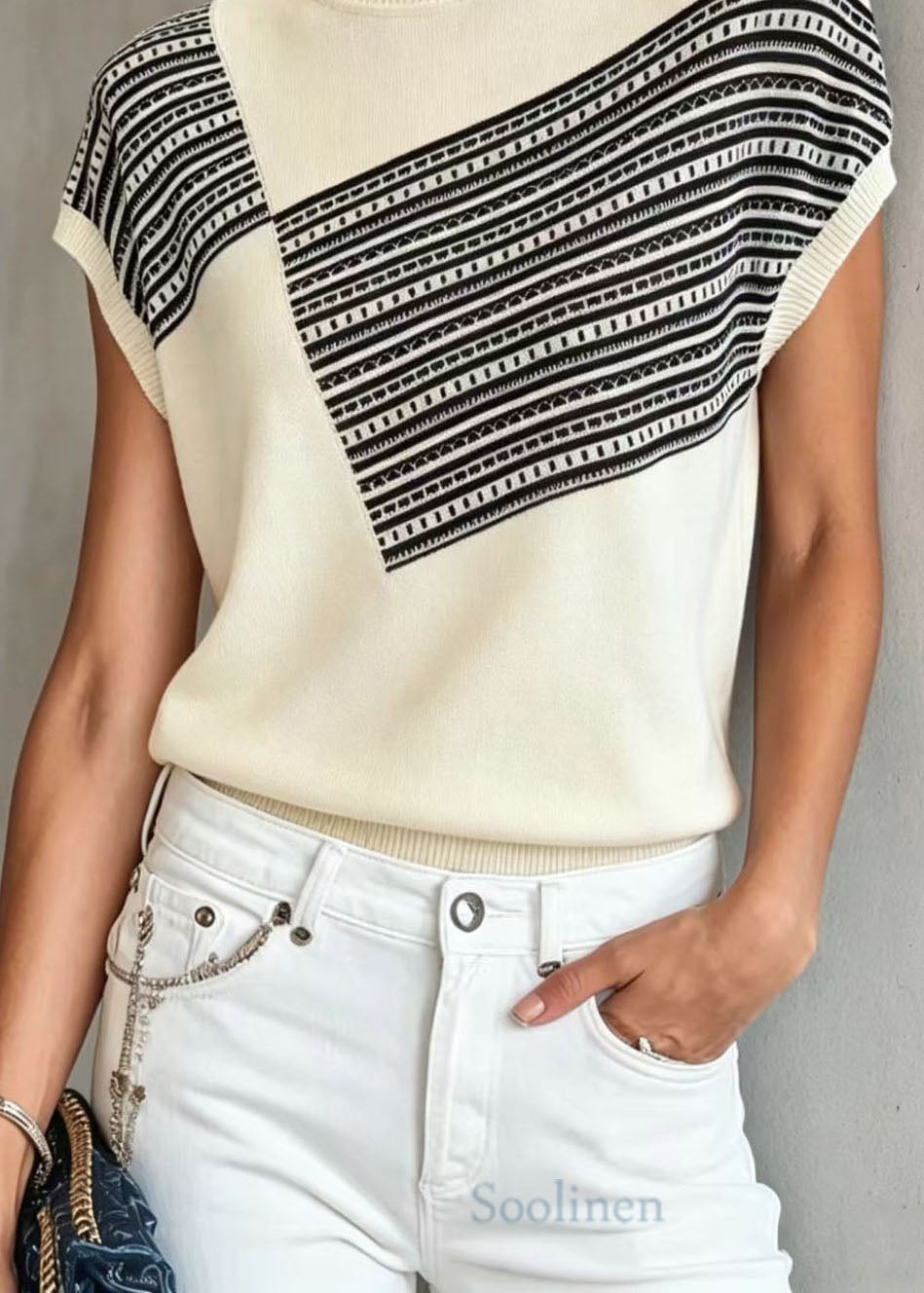 Women White O Neck Print Thin Knit Blouse Tops Summer