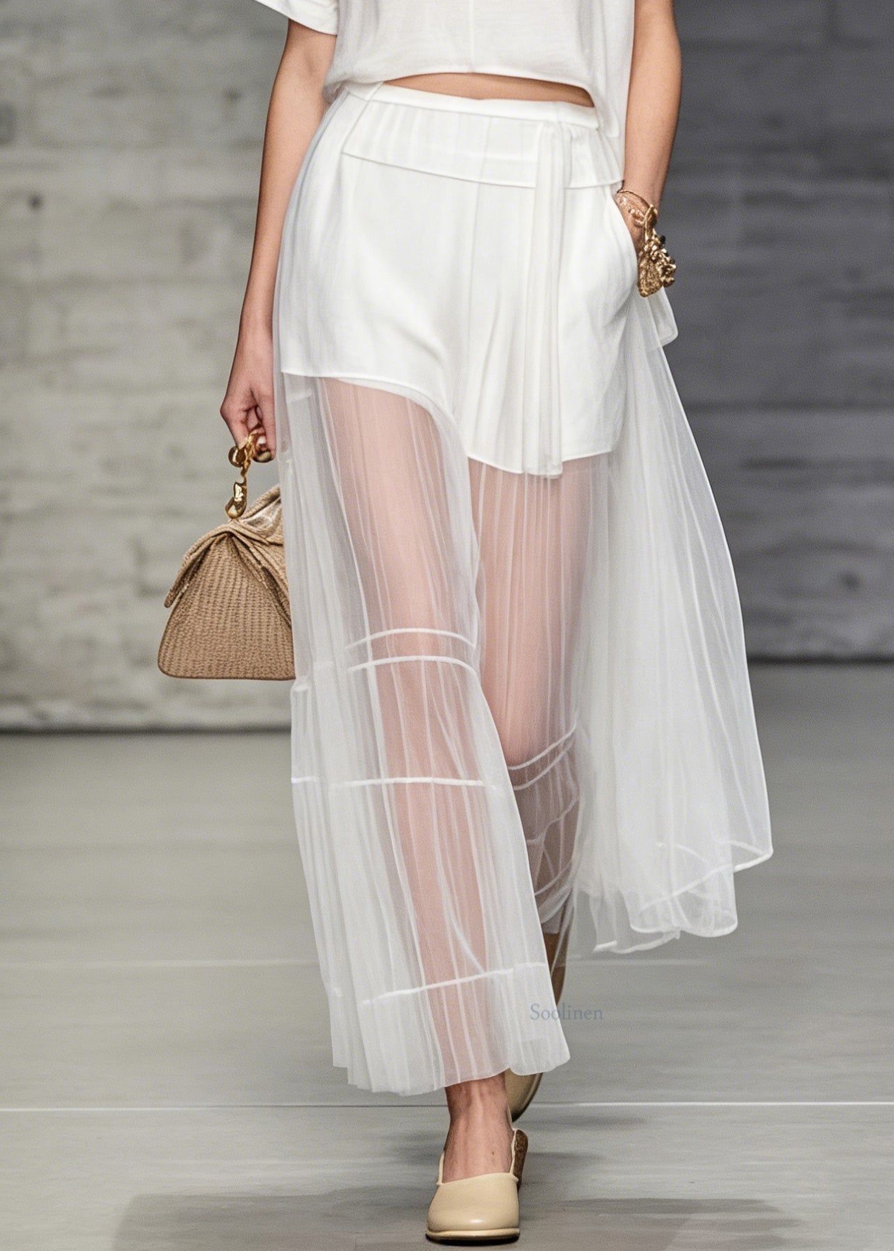 Women White O Neck T Shirt And Skirts Tulle Patchwork Two Pieces Set Summer