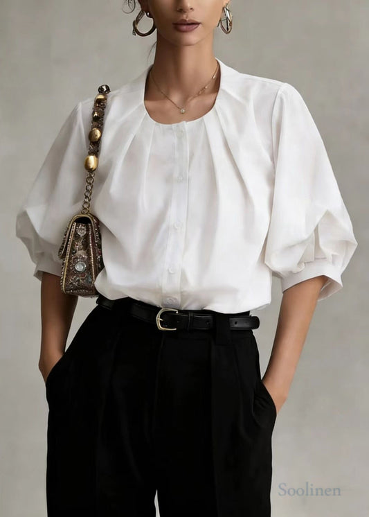 Women White O-Neck Wrinkled Cotton Blouses Lantern Sleeve