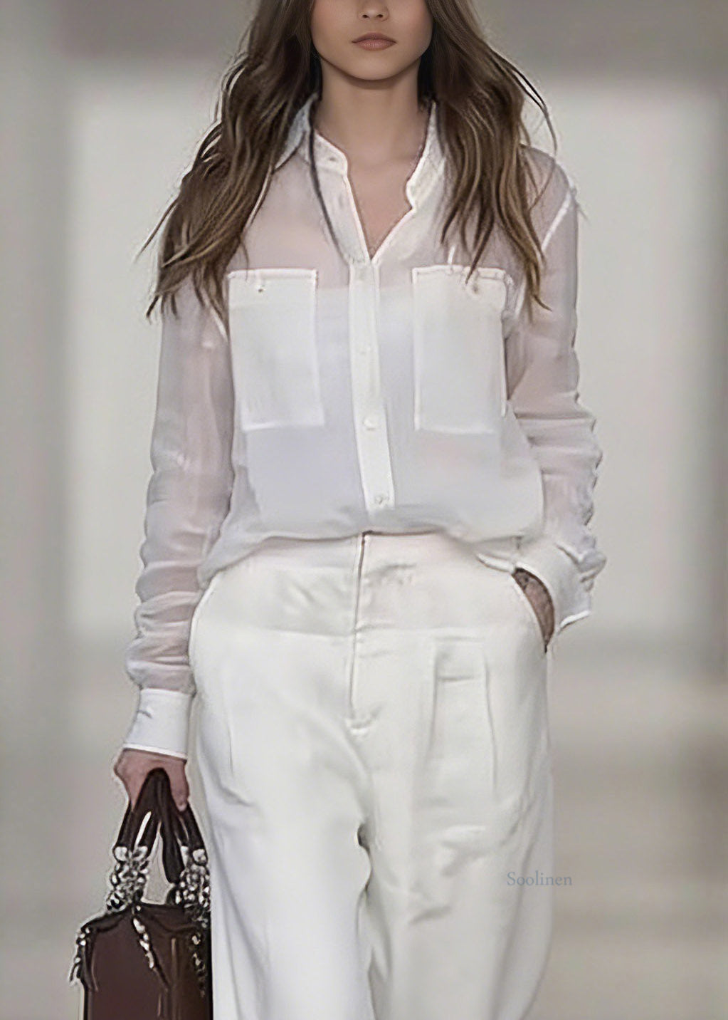 Women White Peter Pan Collar Linen Shirt And Wide Leg Pants Two Pieces Set Spring