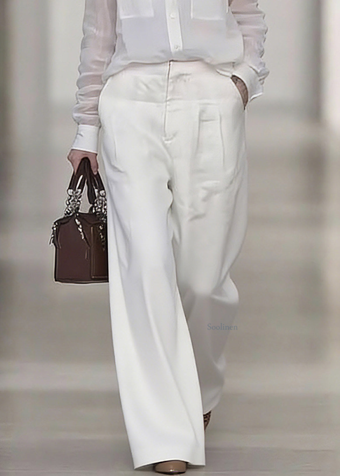 Women White Peter Pan Collar Linen Shirt And Wide Leg Pants Two Pieces Set Spring