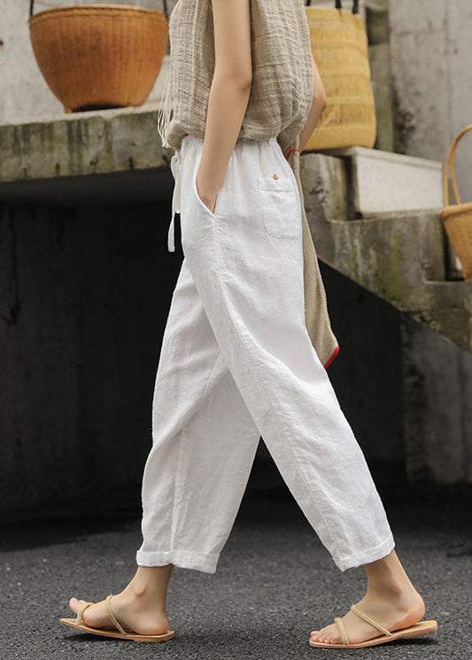 Women White Pockets Elastic Waist Cotton Pants Summer